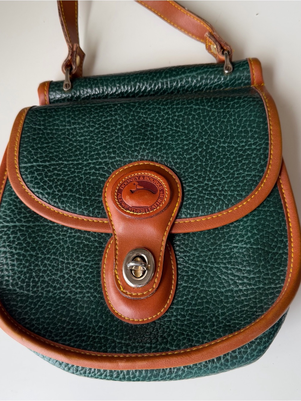 Dooney & Bourke Dark Green Pebbled Leather Crossbody with Tan Trim